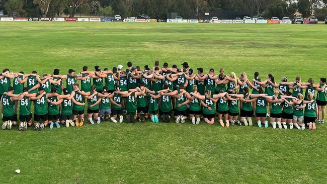 The Rokewood Corindhap players show the number 54 on their training tops, in tribute to Jayden Hayes who wore the number for the club. Picture: Rokewood Corindhap.