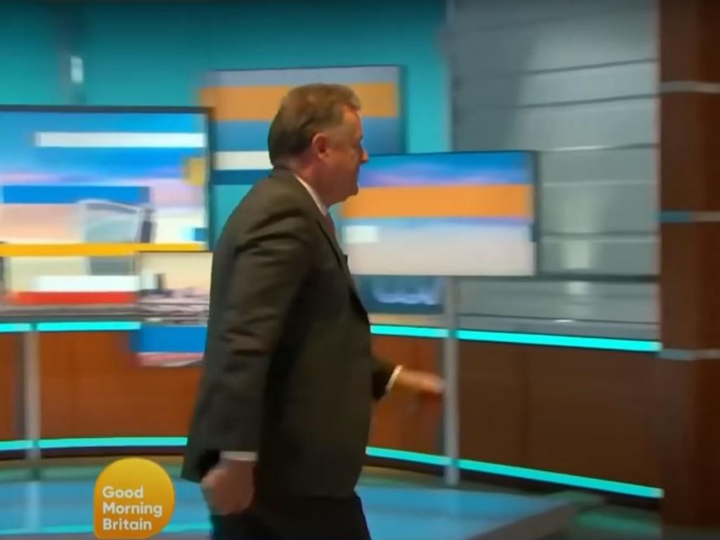 Piers Morgan walks off during live filming of Good Morning Britain after conflict with Alex Beresford over Morgan’s comments on Meghan Markle and Prince Harry's Oprah interview. Picture: ITV.