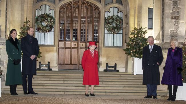 Catherine, Duchess of Cambridge, Prince William, Duke of Cambridge, Queen Elizabeth II, Prince Charles, Prince of Wales and Camilla, Duchess of Cornwall reunited on Tuesday night to thank volunteers and essential workers at Windsor Castle. Picture: Richard Pohle/Getty