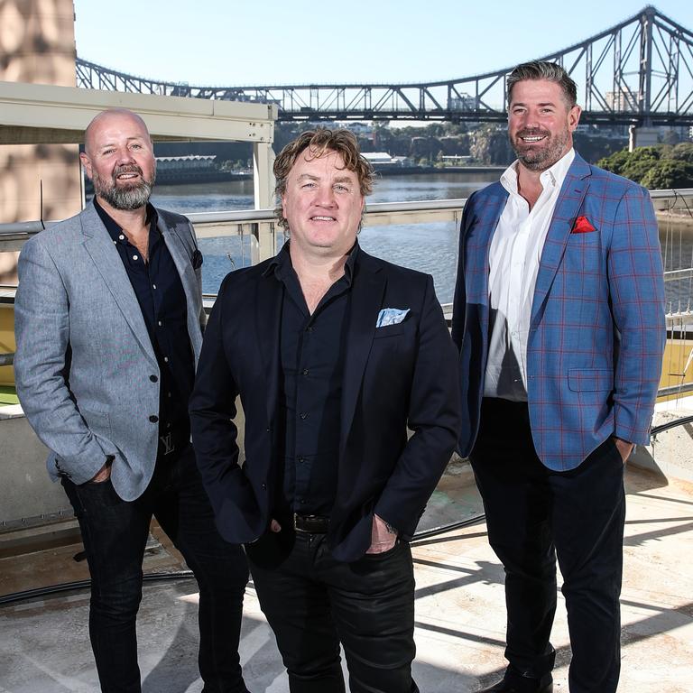 Chris Higgins, Adrian Richardson and Liam McMahon on the site of their new bar The Aviary Terrace Bar and restaurant BOS. Picture: Zak Simmonds