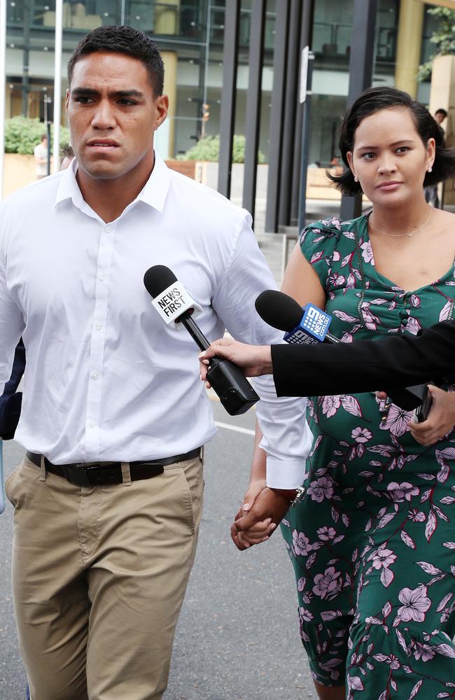 Broncos player Joe Ofahengaue supported by his partner Sofi Leota at Ipswich courts after his drink driving charge. Picture: Liam Kidston.