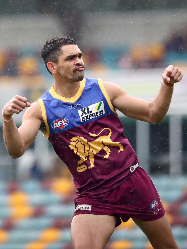 Charlie Cameron and his trademark goal celebration.(Photo by Jono Searle/AFL Photos/via Getty Images )