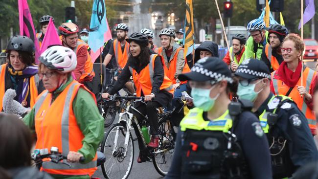 Police were monitoring the protest ride on Wednesday. Picture: David Crosling