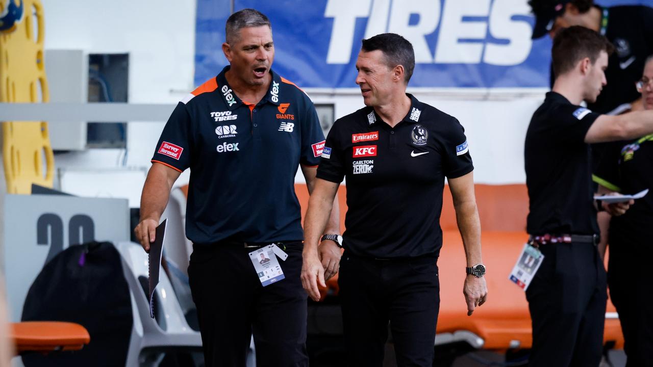 Kingsley (left) and McRae after the siren. (Photo by Dylan Burns/AFL Photos via Getty Images)