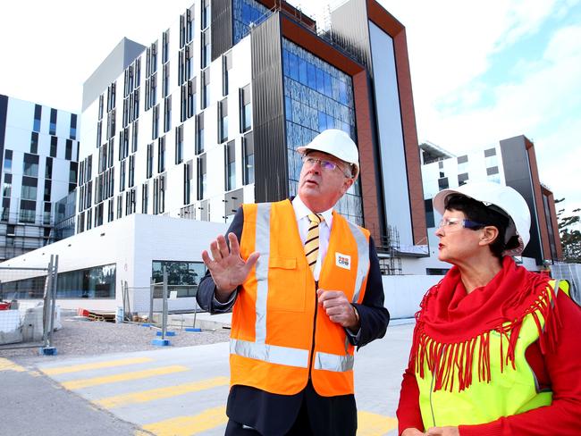 Minister for Health Brad Hazzard and Deborah Latta project director at Healthscope pictured at the Northern beaches hospital site. Picture: Damian Shaw.