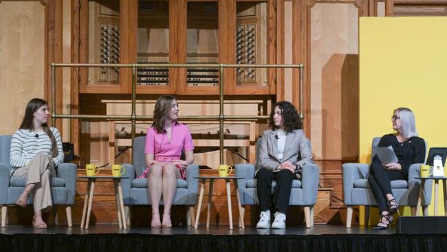 Students Chloe McPherson, Lucy Scinto and Melina Gaffey (from left) in discussion with Flinders University’s Sarah Walsh during the inaugural Fearless Conversations from our Next Generation panel discussion at the Adelaide Town Hall. Picture: Brenton Edwards