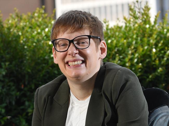 Dignity Party MP Kelly Vincent poses for a photograph at work in Waymouth Street, Adelaide on Wednesday the 18th of April 2018. A story for the NDIS. (AAP/ Keryn Stevens)