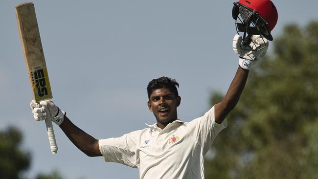 Ashley Chandrasinghe scoring a hundred for Casey South Melbourne.