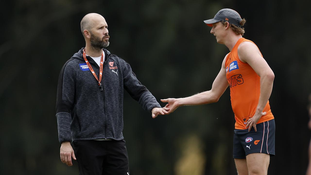 Lachie Whitfield (right) was one of the eight Giants who avoided coach Mark McVeigh’s criticism. Picture: Phil Hillyard