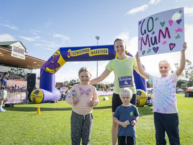 Toowoomba Marathon female winner Kathryn Parkinson with her kids (from left) Lexi, Charlie and Madison Jones, Sunday, May 5, 2024. Picture: Kevin Farmer