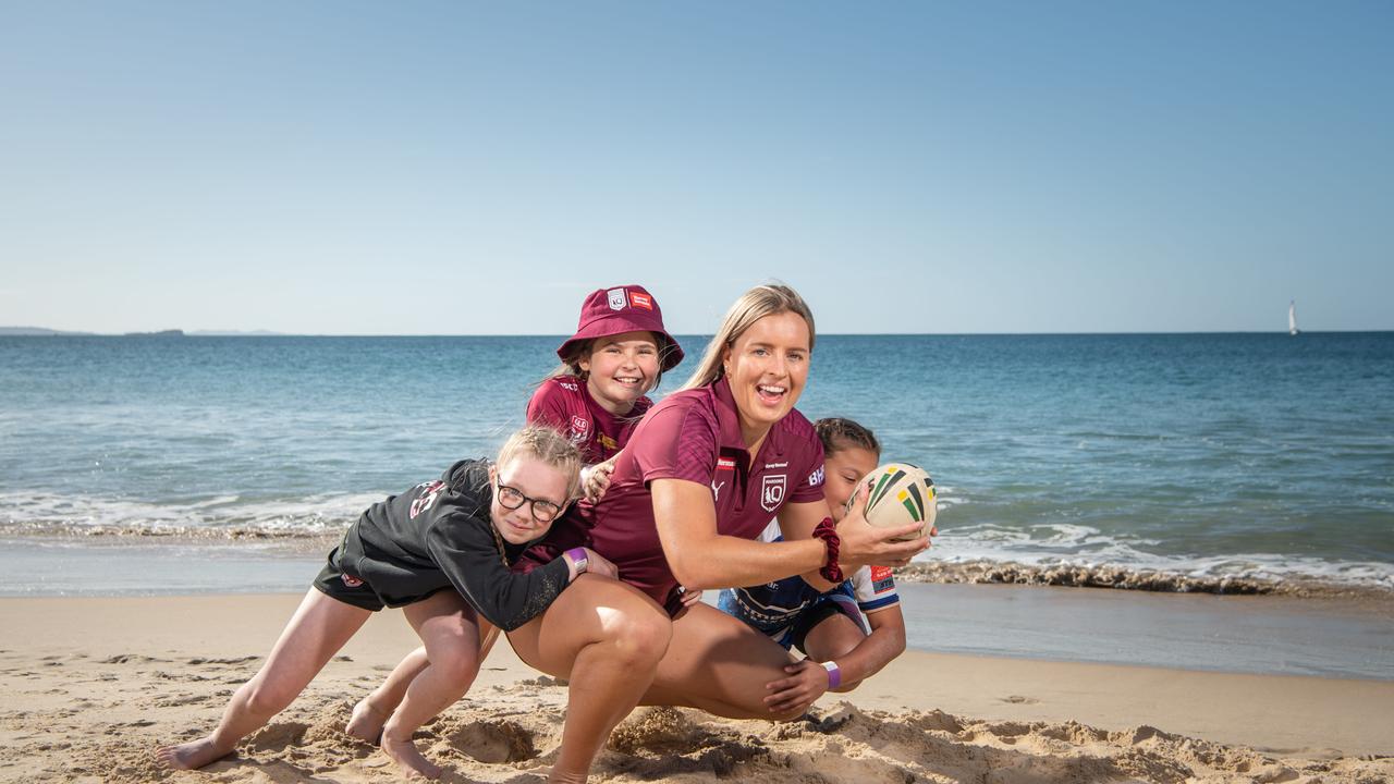 Centre Lauren Brown with fans Layla Burgess, 8, Kayden Danzey, 9, and Harper Geritz, 9. PICTURE: Brad Fleet