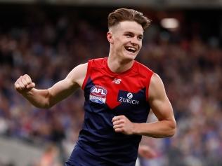 PERTH, AUSTRALIA - SEPTEMBER 25: Bayley Fritsch of the Demons celebrates a goal during the 2021 Toyota AFL Grand Final match between the Melbourne Demons and the Western Bulldogs at Optus Stadium on September 25, 2021 in Perth, Australia. (Photo by Michael Willson/AFL Photos via Getty Images)