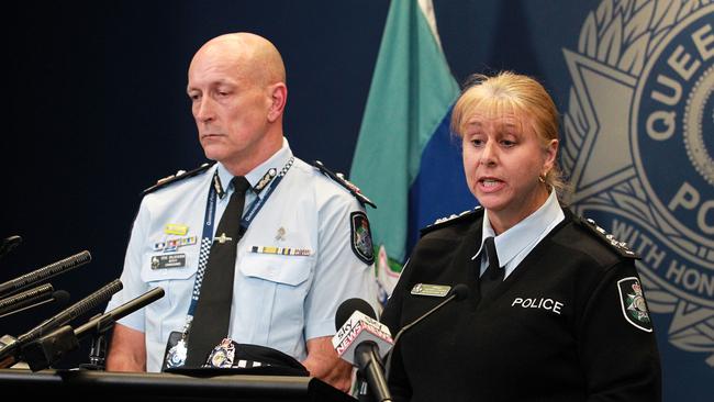 Queensland Police Service Deputy Commissioner Steve Gollschewski and Australian Federal Police Commander Sharon Cowden speak to the media about the homicide at Home Hill. Photo: Claudia Baxter