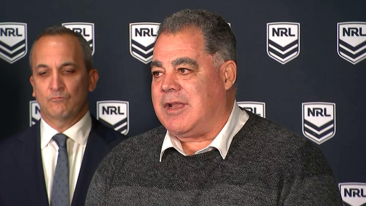 Mal Meninga faced reporters with ARLC chief executive Andrew Abdo.