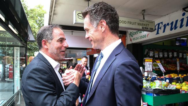 Shadow Minister for Energy and Climate Jihad Dib and NSW Labor Leader Chris Minns hit the street. Picture: Gaye Gerard.