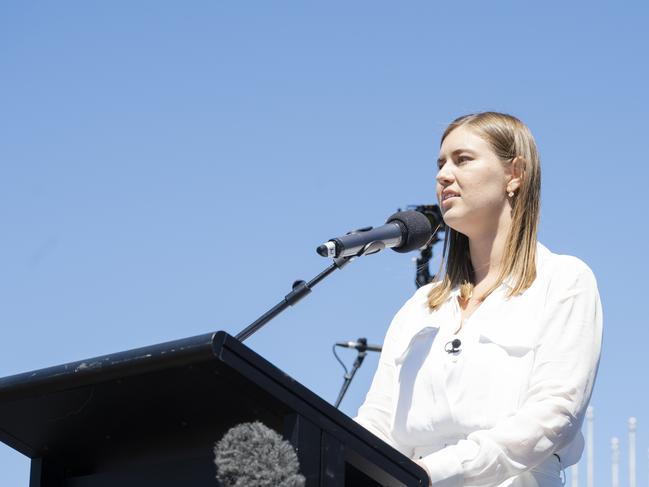 Brittany Higgins speaks at the Canberra Womens March 4 Justice. Picture: Jamila Toderas/Getty Images