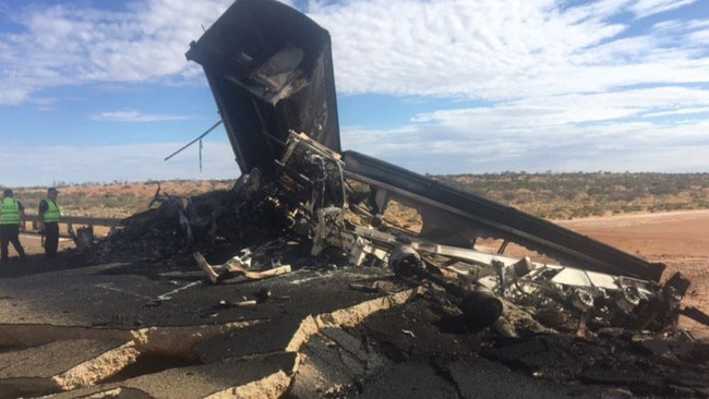 Horrific and confronting images from a head-on truck and ute collision at Wirraminna in the state’s Far North. Picture: Mike Lorigan/Channel 9