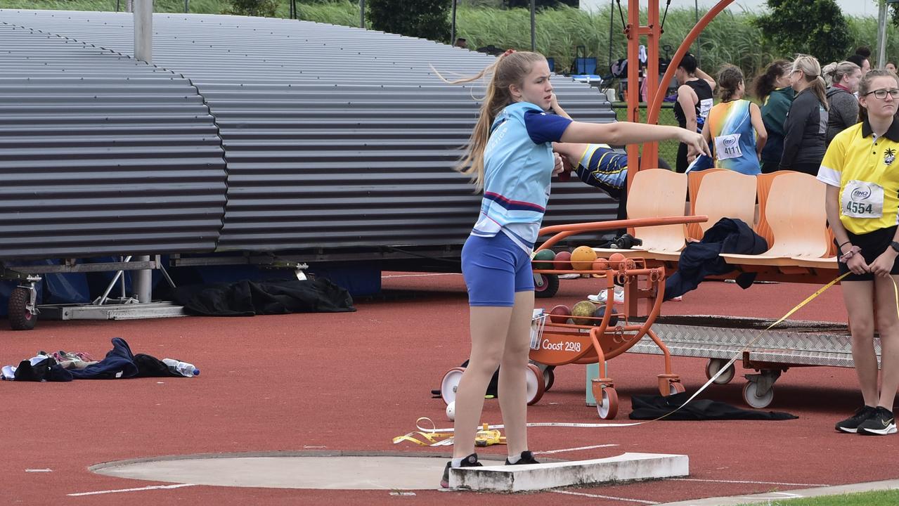 Tiana Kopittke in the shot put at Mackay Athletics Club's Track and Field Carnival 2022. Picture: Max O'Driscoll.