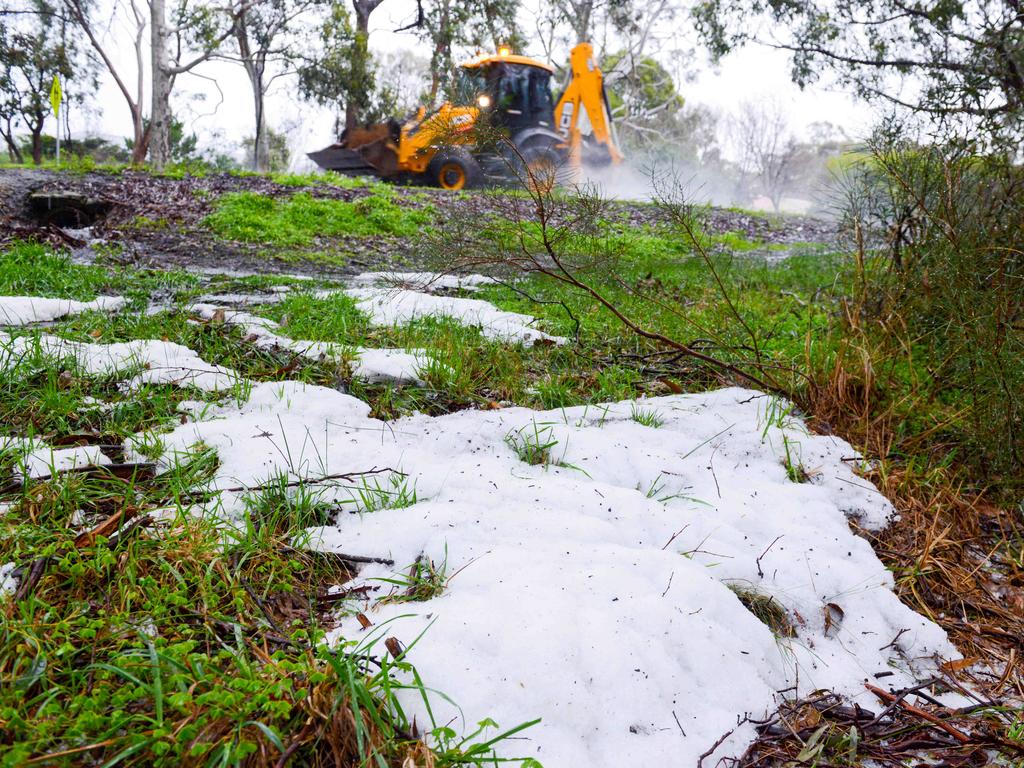 Hail in the Adelaide Hills near Stirling, on the Stirling to Heathfield Rd.  Picture: AAP/ Brenton Edwards