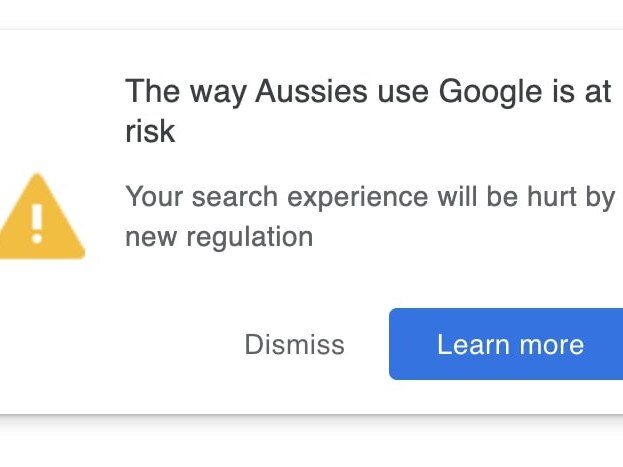 Google's pop-up warning about the mandatory code. Source: The Australian.