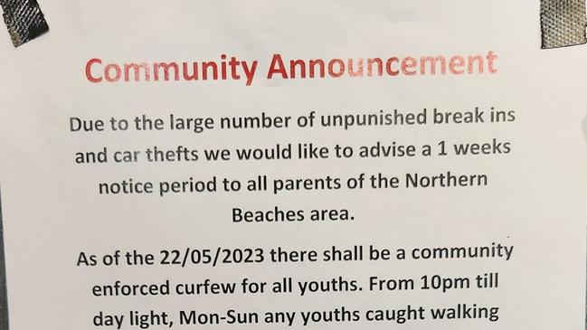 An anonymous announcement has gone up in Mackay'&#153;s Northern Beaches area warning of an approaching vigilante-backed curfew for youths. Picture: Facebook