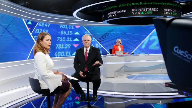 Treasurer Scott Morrison speaking to Ticky Fullerton in the new Sky News Business studios at News Corp in Surry Hills yesterday. Picture: Hollie Adams