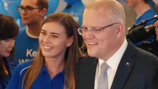 Liberal party staffer Brittany Higgins who has made shocking claims that she was raped whilst in the defence industry minister's office in Parliament House, Canberra after a Friday night drinking session in March 2019 - With Scott Morrison. Social Media Image