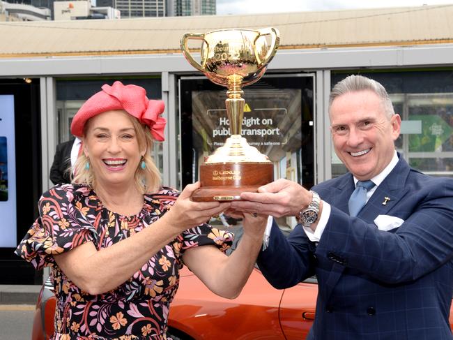 MELBOURNE, AUSTRALIA - NewsWire Photos OCTOBER 31, 2022: Melbourne Lord Mayor Sally Capp and Victorian Racing Club Chairman Neil Wilson at Federation Square with the Melbourne Cup. Picture: NCA NewsWire / Andrew Henshaw