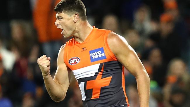 Jonathan Patton celebrates a GWS goal.