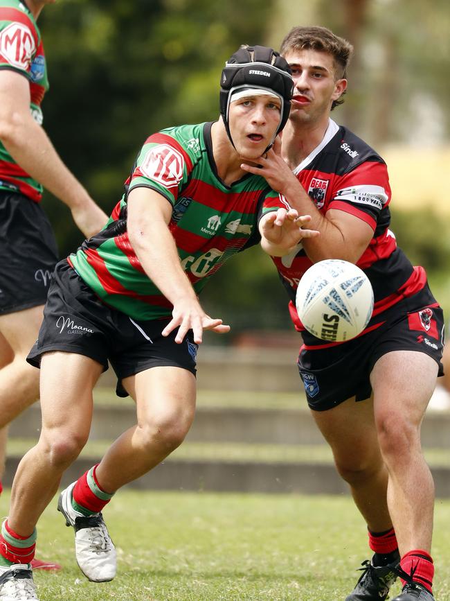 Rabbitohs dummy-half Archie Donnelly throws a pass out the back during the SG Ball Cup clash against North Sydney. Picture: Sam Ruttyn