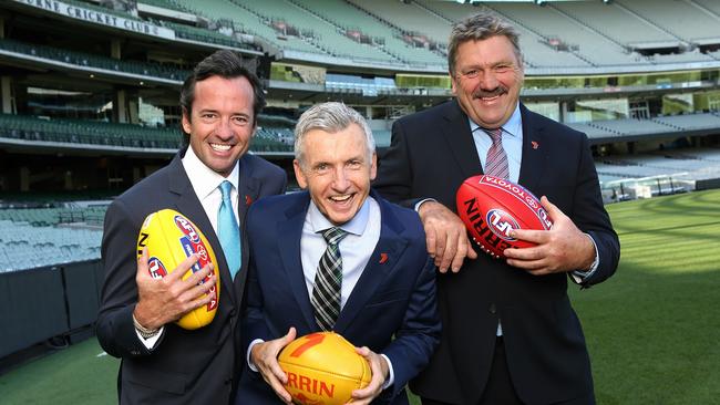 BT, Bruce and Hamish, – Channel 7 commentary team. Left to Right Hamish McLachlan Bruce McAvaney &amp; Brian Taylor Picture: Wayne Ludbey