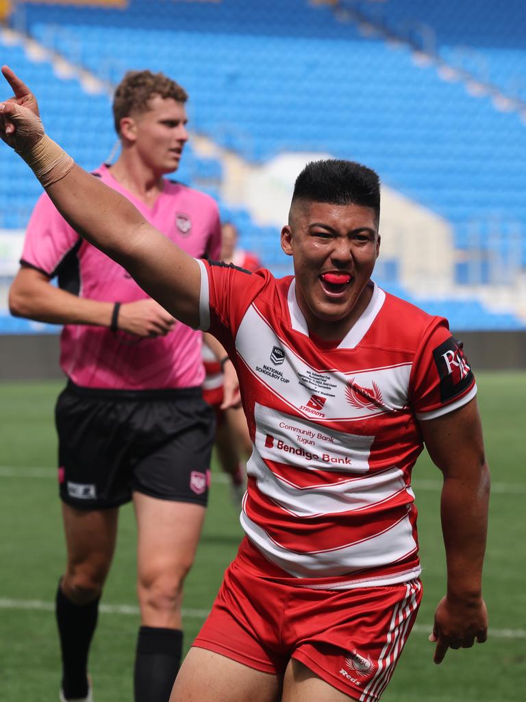 NRL National Schoolboys Cup final at CBUS Stadium between Palm Beach Currumbin and Patrician Blacktown Brothers. PBCs Reuben Tamariki scores.. .Picture Glenn Hampson