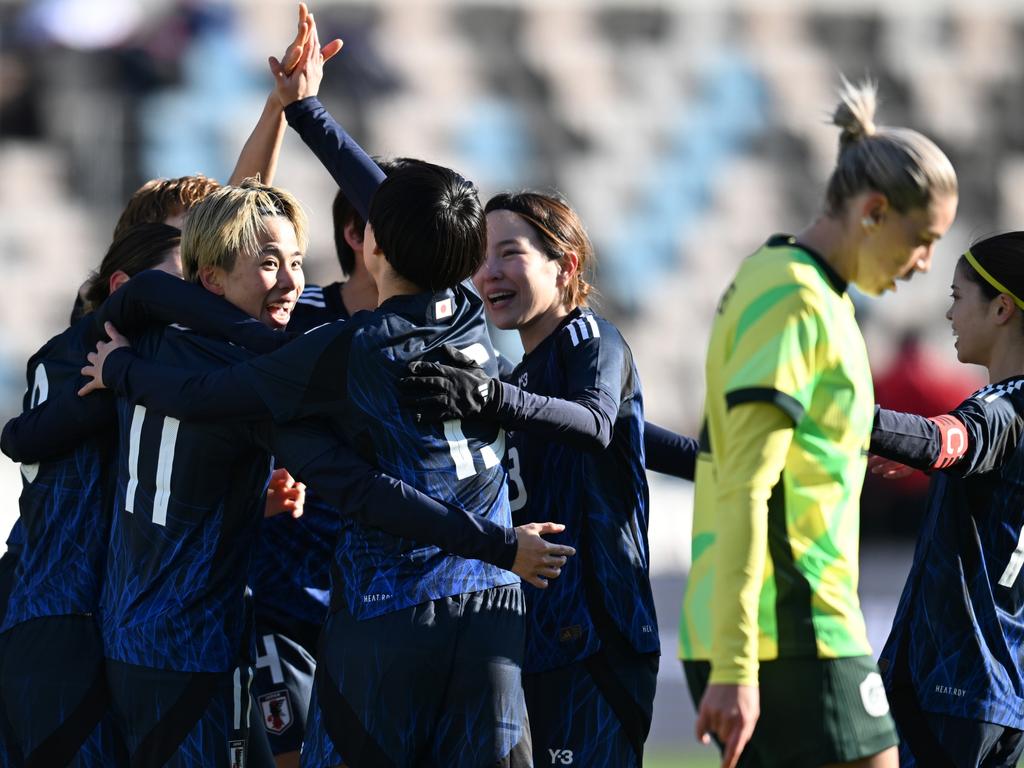 Matildas defender Alanna Kennedy looks on as Japan celebrates a goal. Picture: Getty Images