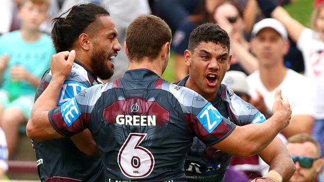 Brian Kelly celebrates scoring a try for the Sea Eagles. Picture: Gregg Porteous
