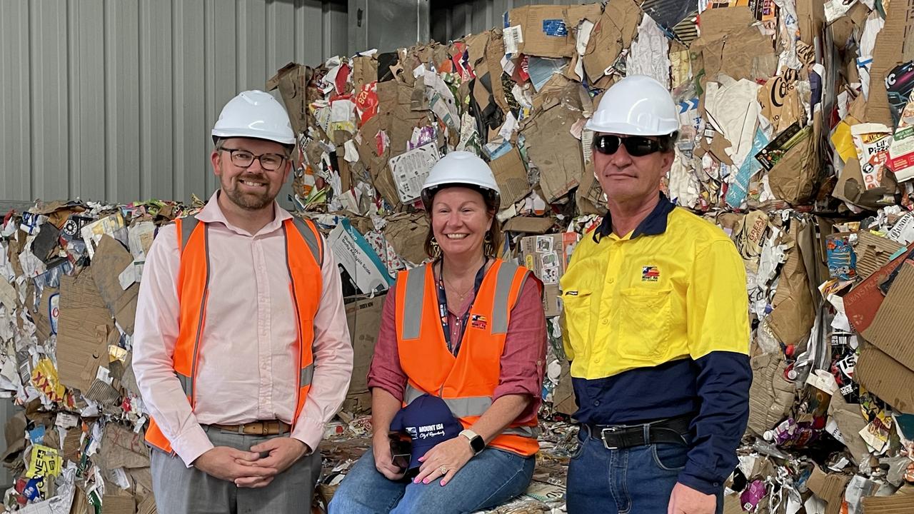 Mount Isa City Council's Chad King, Mayor Peta MacRae and recycling centre coordinator Richard Auld at the council's brand new recycling centre.