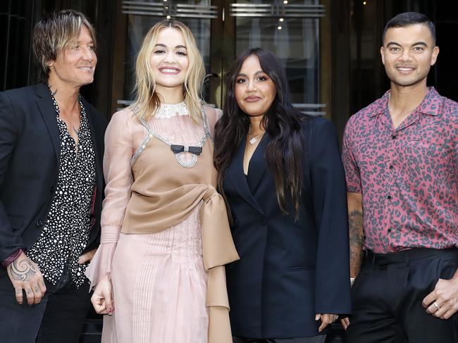 Voice coaches Keith Urban, Rita Ora, Jess Mauboy and Guy Sebastian arriving for dinner at the Rockpool Bar & Grill in Sydney to meet for the first time ahead of shooting the new season. Picture: Jonathan Ng