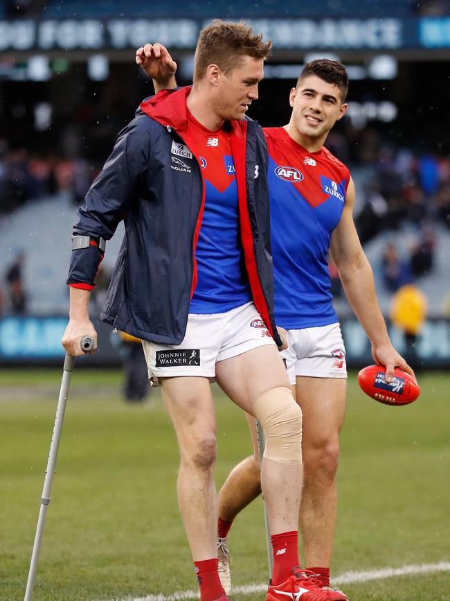 McDonald ended up on crutches after three-quarter-time. Picture: AFL Photos/Getty Images