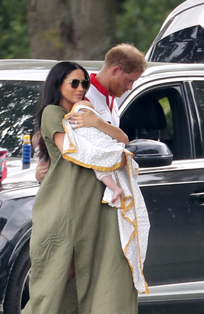 Meghan kept Archie wrapped up tightly in his blanket and shielded from view. Picture: Chris Jackson/Getty Images