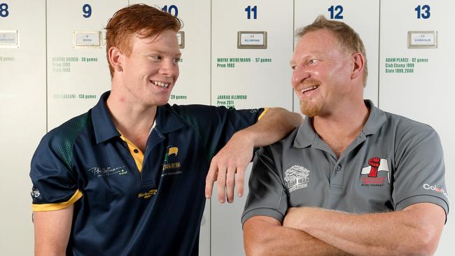 Woodville-West Torrens AFL draft hopeful Jake Weidemann and his dad, former Crows cult figure Wayne Weidemann. Picture: Naomi Jellicoe.