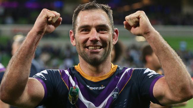 Cameron Smith celebrates Storm’s win over the Sharks at AAMI Park. Picture: AAP