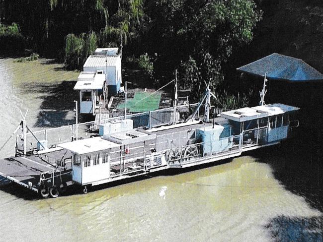 The Plover ferry that sank in the Murray River at the back of Dallas Wilsden's property in 2022. It will not be recovered because DIT cannot establish ownership. Picture: Supplied