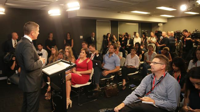 NSW Premier Mike Baird spoke to a packed media gallery today as he shocked everyone with news of his immediate retirement from politics. Picture: Mark Evans