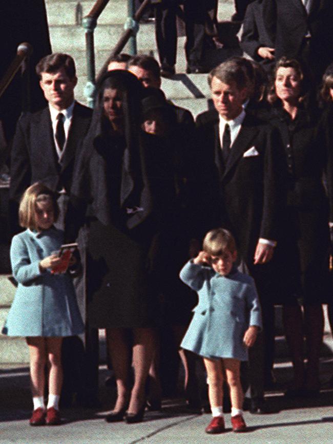 Jackie with children Caroline and John Jr and the Kennedy clan at the funeral. Picture: AP Photo