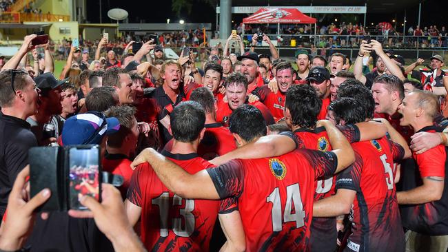 Litchfield sings its team song after beating Nightcliff in its drought-breaking 2018 NRL NT Grand final triumph. Picture: PATRINA MALONE