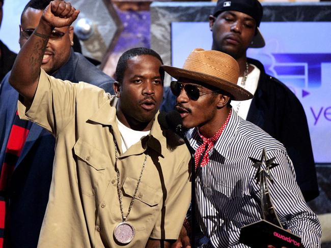 Former glory ... Big Boi and Andre 3000 from OutKast accept the award for Video of the Year for ‘Hey Ya!’ at the BET Awards in 2004. Picture: AP