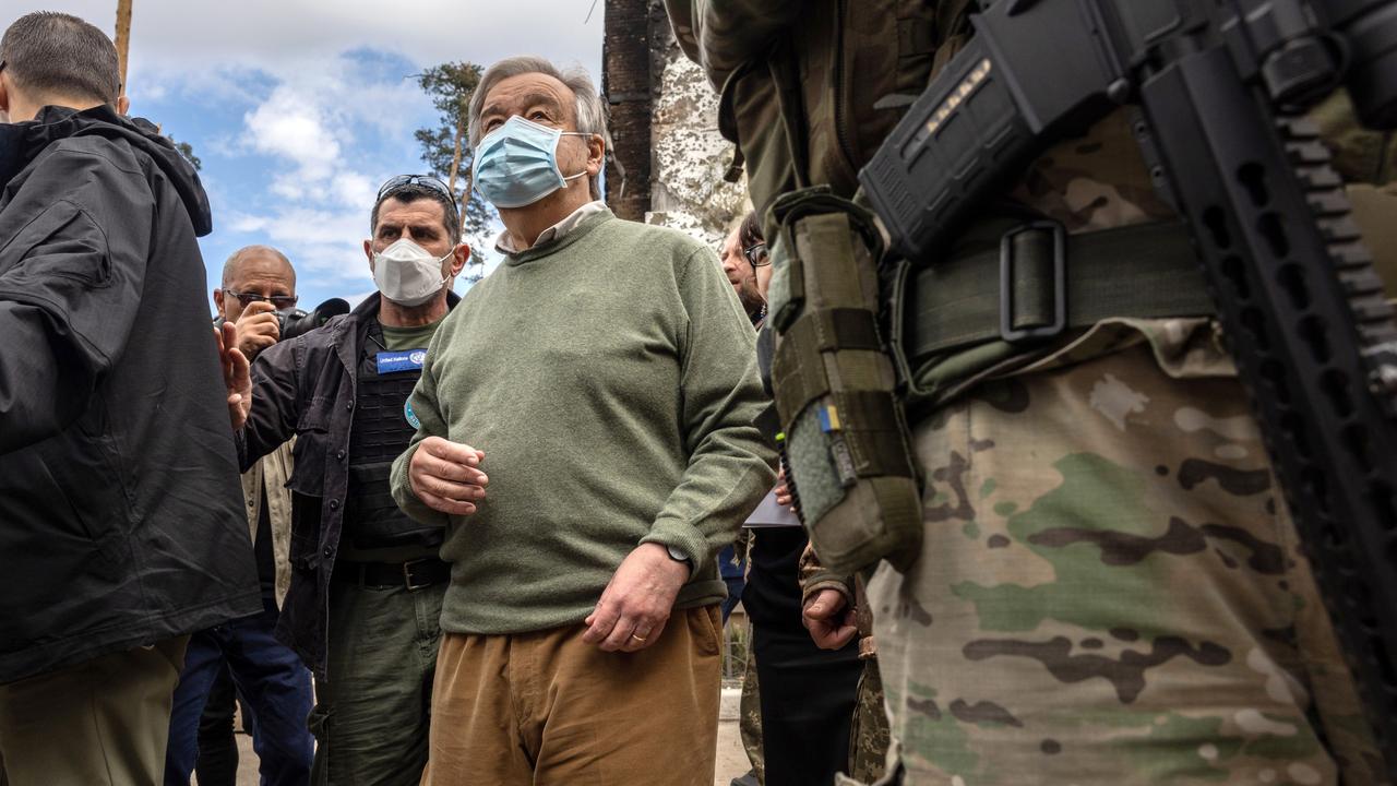 United Nations Secretary-General Antonio Guterres visits the site of war destruction at the Irpinsky Lipky residential complex, which was heavily damaged during fighting between Russian and Ukrainian troops. Picture: John Moore/Getty Images