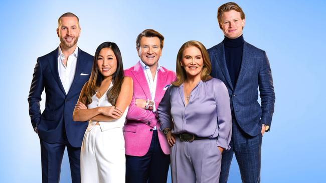 Shark Tank Australia investors Nick Bell (l to r), Jane Lu, Robert Herjavec, Maxine Horne and Davie Fogarty.