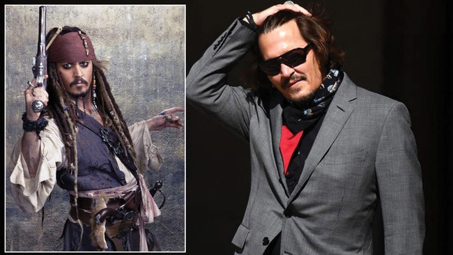 Johnny Depp in Pirates from the Caribbean, and outside court in London. Pictures: Supplied/AFP