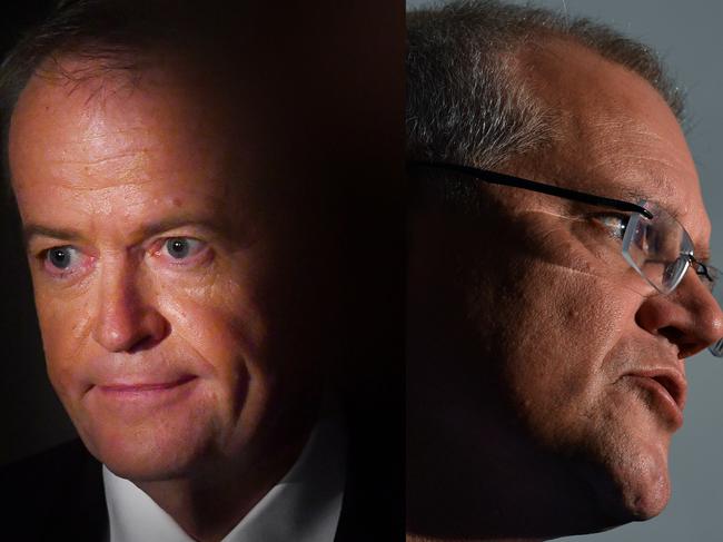 A comparison diptych generated on Monday, May 6, 2019, of  Australian Opposition Leader Bill Shorten is seen at the launch of Labor's federal election campaign at the Brisbane Convention and Exhibition Centre in Brisbane, Sunday, May 5, 2019. A Federal election will be held in Australian on Saturday May 18, 2019 (AAP Image/Darren England) NO ARCHIVING ***** Prime Minister Scott Morrison at a press conference in Windaroo, 40km south of Brisbane, Saturday, May 4, 2019. (AAP Image/Mick Tsikas) NO ARCHIVING