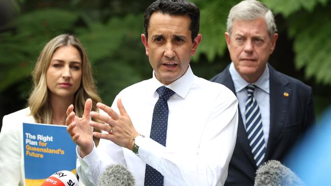 Queensland LNP leader and Broadwater MP David Crisafulli speaking at on the parliament Green with victims of crime in attendance. Picture David Clark.